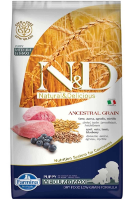 ND Ancestral Grain Düşük Tahıllı Kuzu Eti ve Yaban Mersinli Orta ve Büyük Irk Yavru Köpek Maması 12kg - N&D