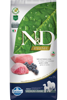 ND Prime Tahılsız Kuzu Eti ve Yaban Mersinli Orta ve Büyük Irk Yetişkin Köpek Maması 12kg - N&D