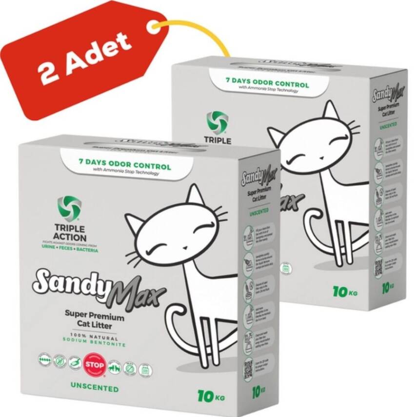 Sandy Max Triple Action Aktif Karbonlu Bentonit Kedi Kumu 10kg 2li Paket (10kg+10kg) - 1